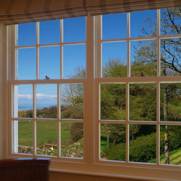 a picture of a window with a view out to the garden with a blue sky