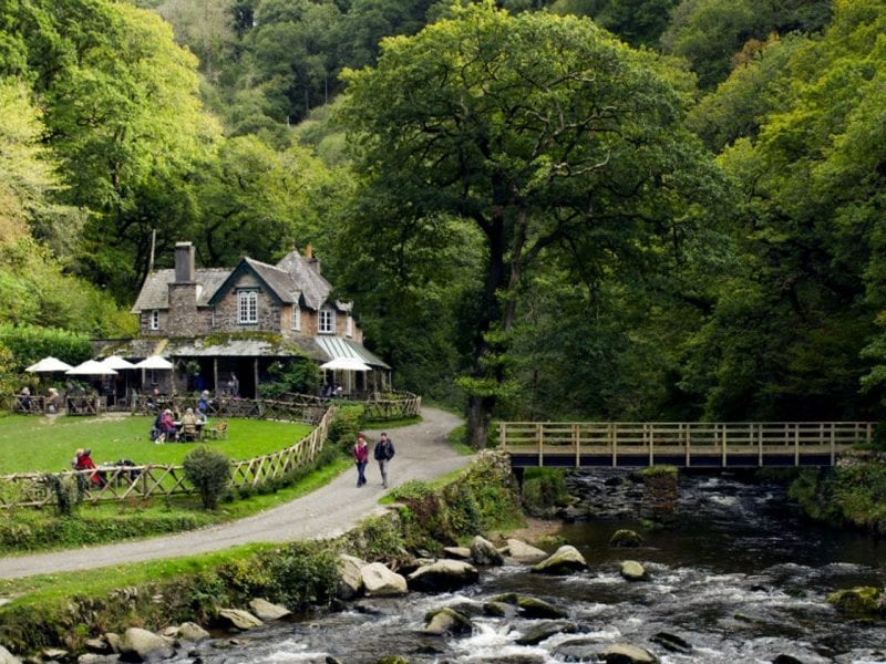 a picture of Lynmouth, a cottage cafe surrounded by large green trees with a flowing rocky river under a bridge